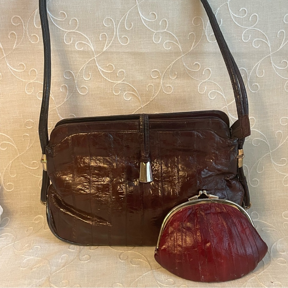 Vintage MCM Burgundy Eel Skin Shoulder Bag with Matching Kiss-lock Coin Purse